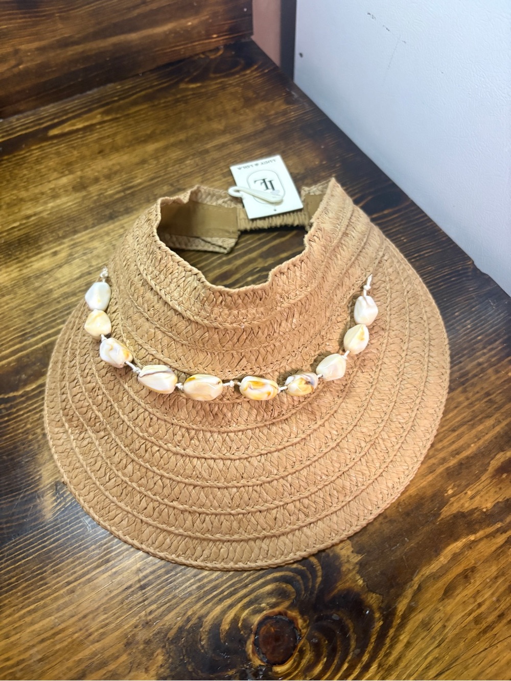 Shell-Trim Tan Straw Visor — Women’s Beach Sun Hat